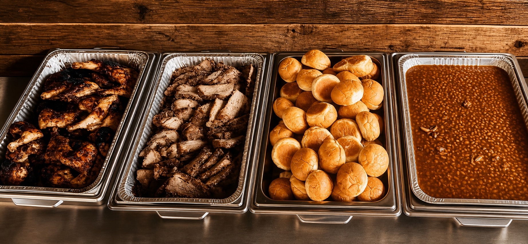 Barbecue buffet with grilled meat, rolls, and beans