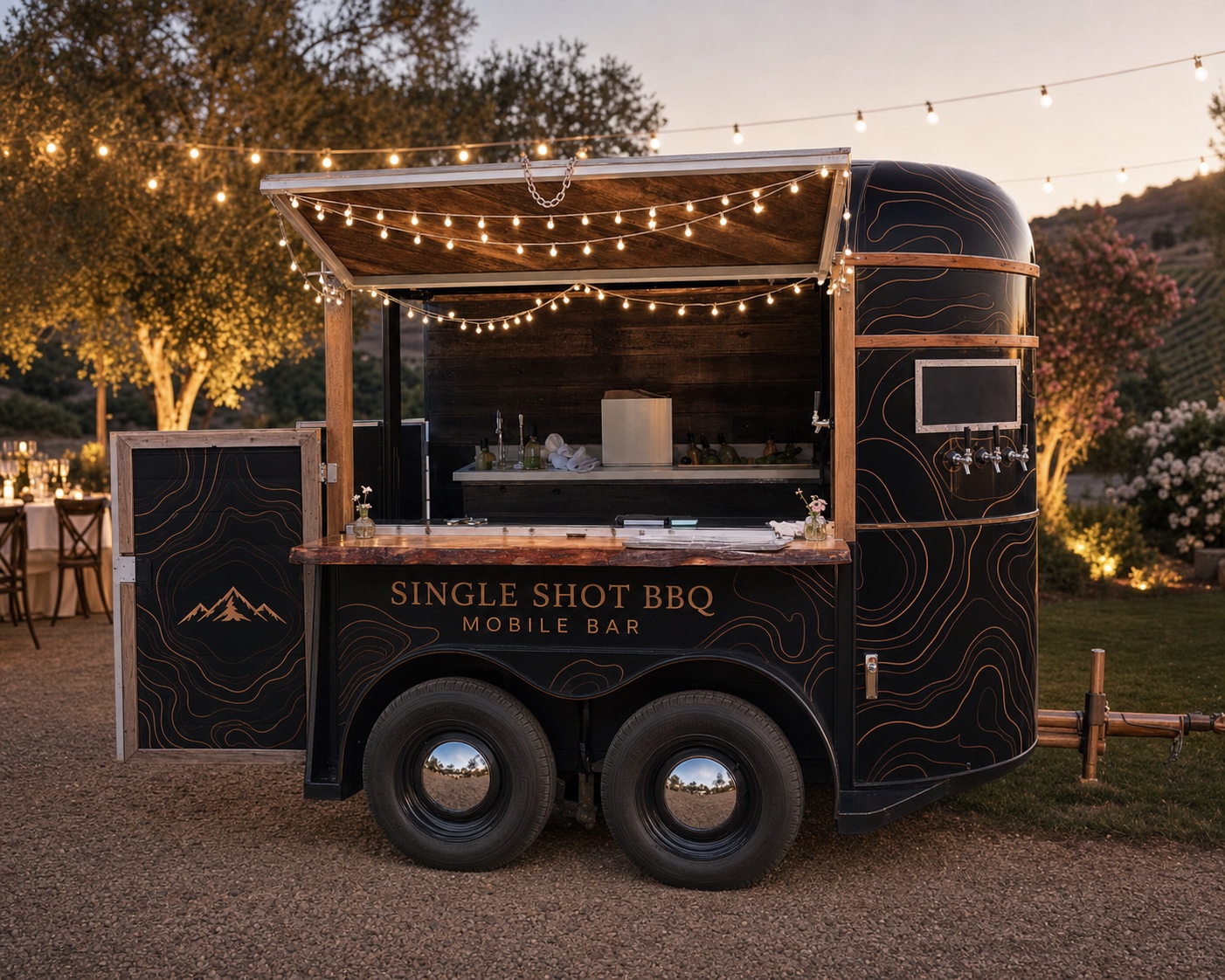 Single Shot BBQ mobile bar in black and copper at an evening event