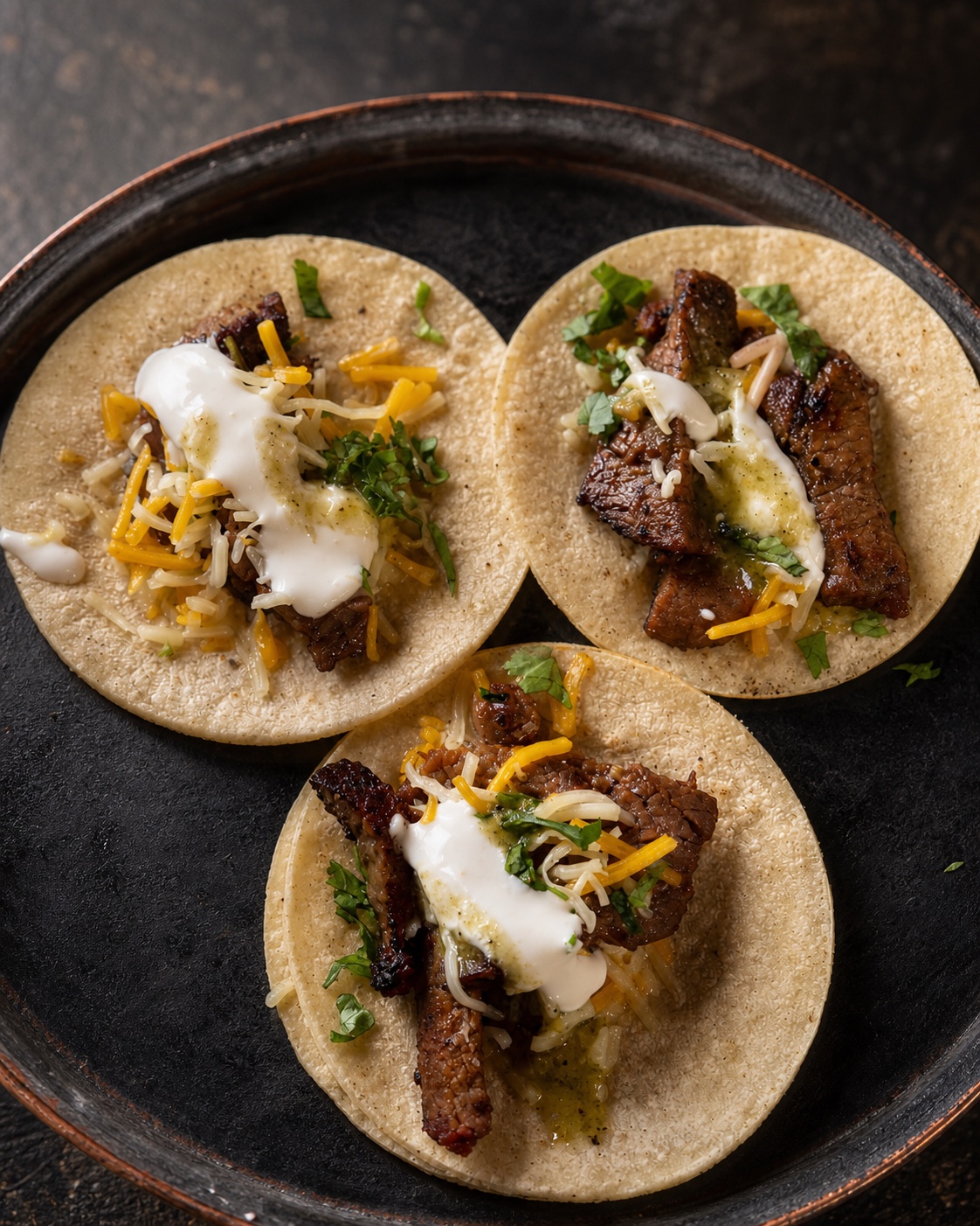 Three freshly prepared grilled meat tacos