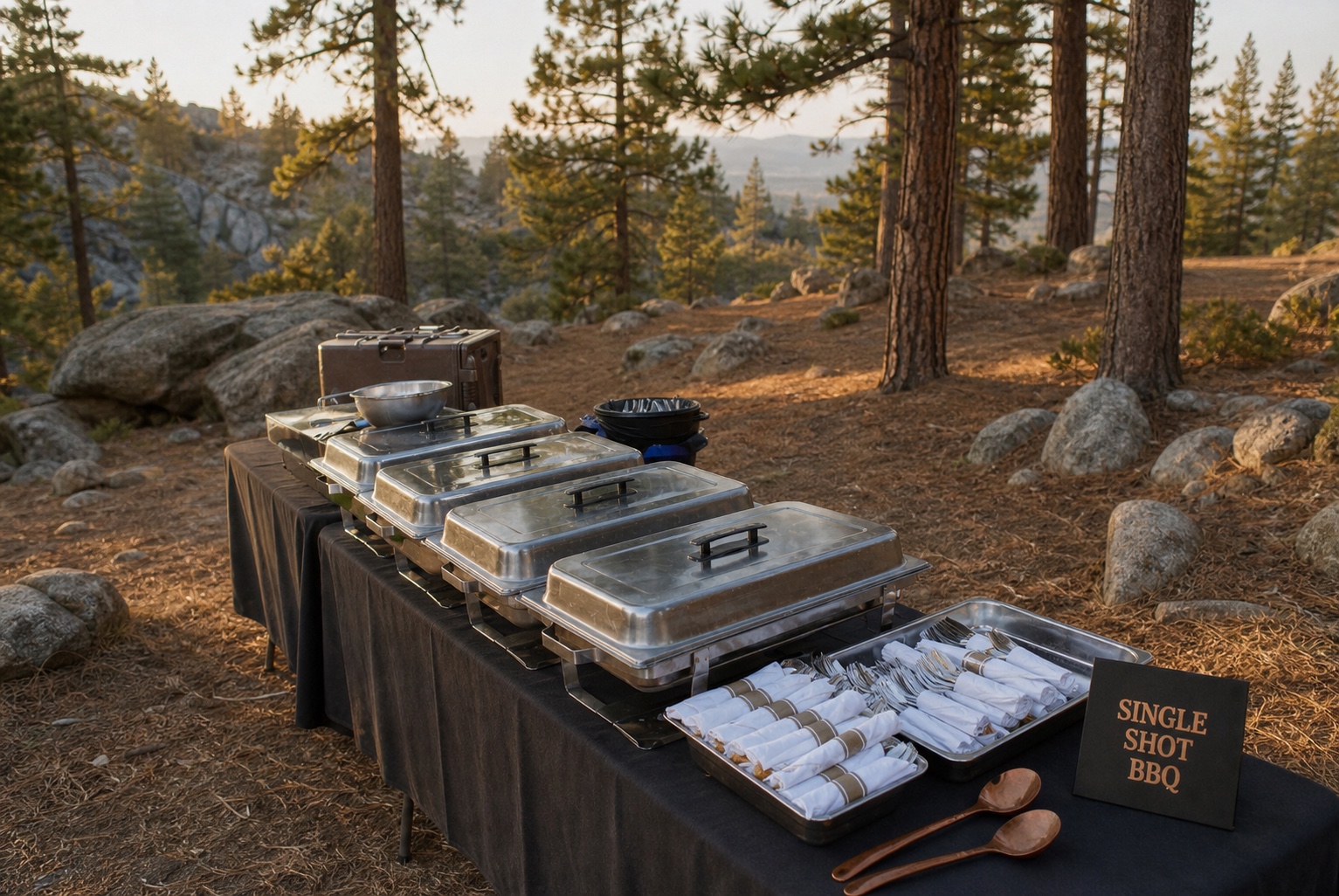 Outdoor buffet setup in a pine forest with Single Shot BBQ presentation
