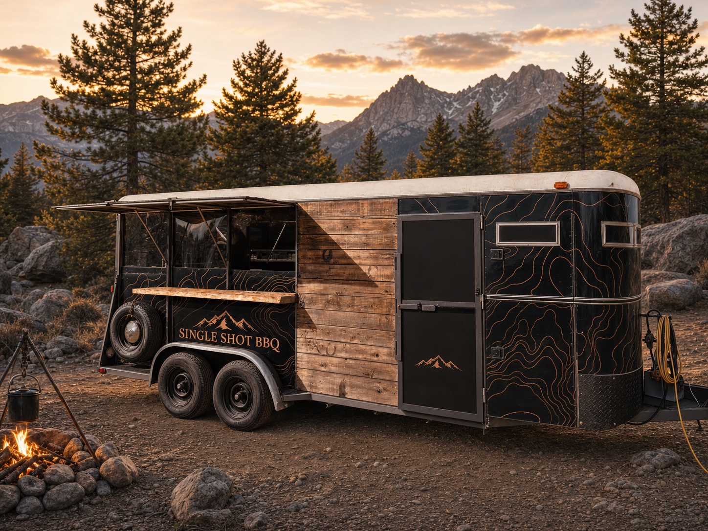 Single Shot BBQ trailer with black-and-copper graphics in a mountain setting